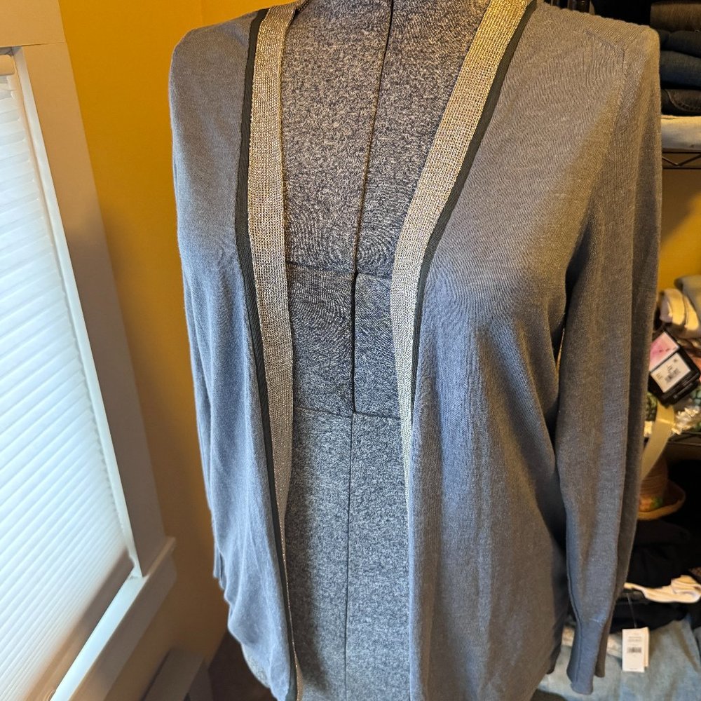Banana Republic Blue Grey Lightweight Cardigan w/ silver Mesh Trim EUC  XL (M/L)